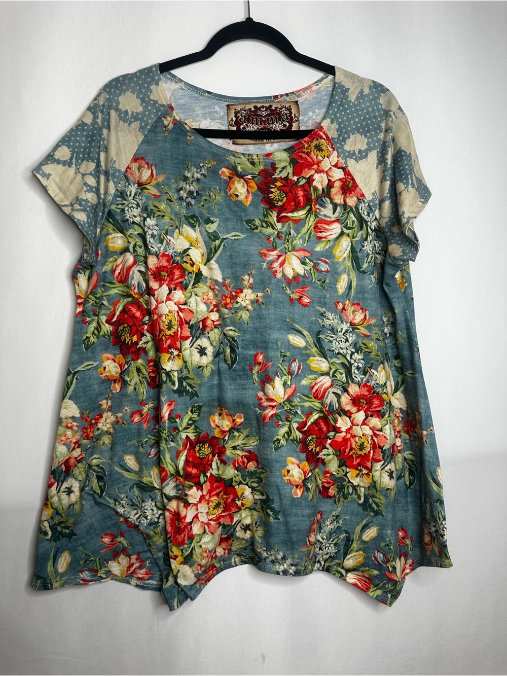 Amma Floral Patchwork Tunic Top in Teal and Red.